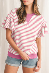 Sachet Pink Striped Ruffle Sleeve Round Neck Top